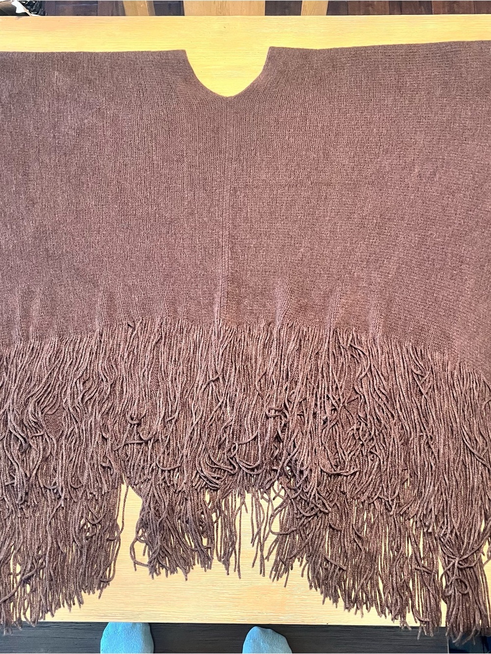 chic Brown Fringe V‑Neck Poncho Sweater